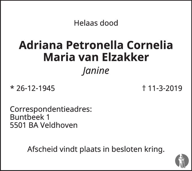 Overlijdensbericht van Adriana Petronella Cornelia (Janine) van Elzakker  in Het Parool
