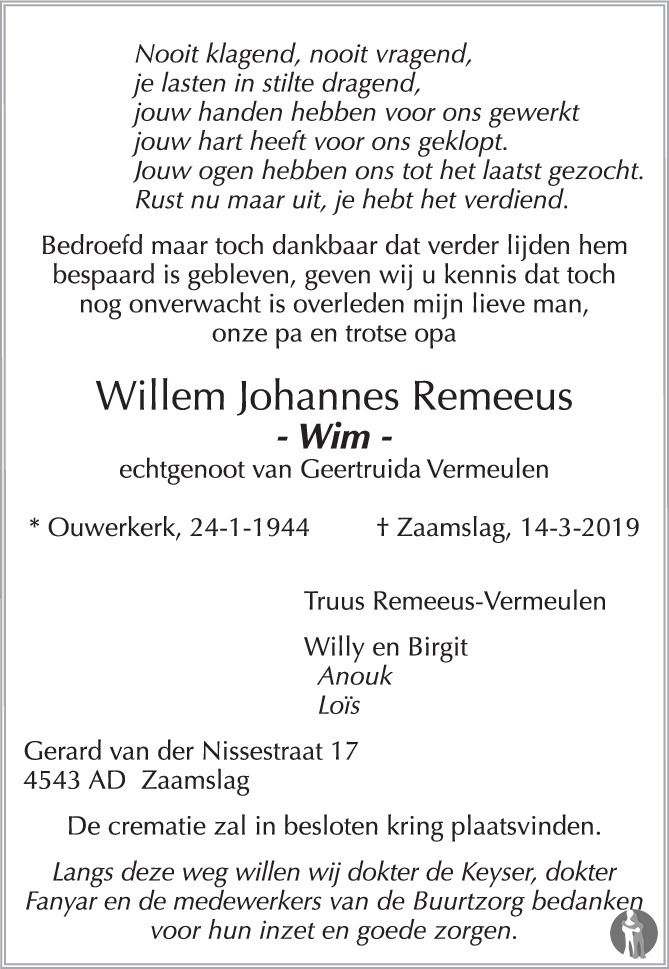 Overlijdensbericht van Willem Johannes (Wim) Remeeus in PZC Provinciale Zeeuwse Courant