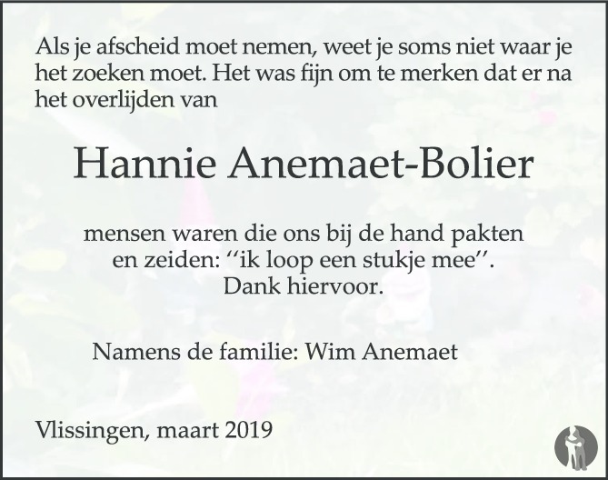 Overlijdensbericht van Hannie Anemaet - Bolier in PZC Provinciale Zeeuwse Courant