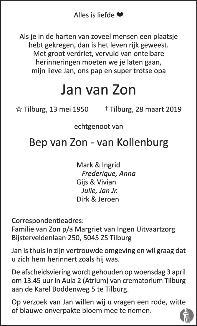 Jan van Zon 28-03-2019 overlijdensbericht en condoleances - Mensenlinq.nl