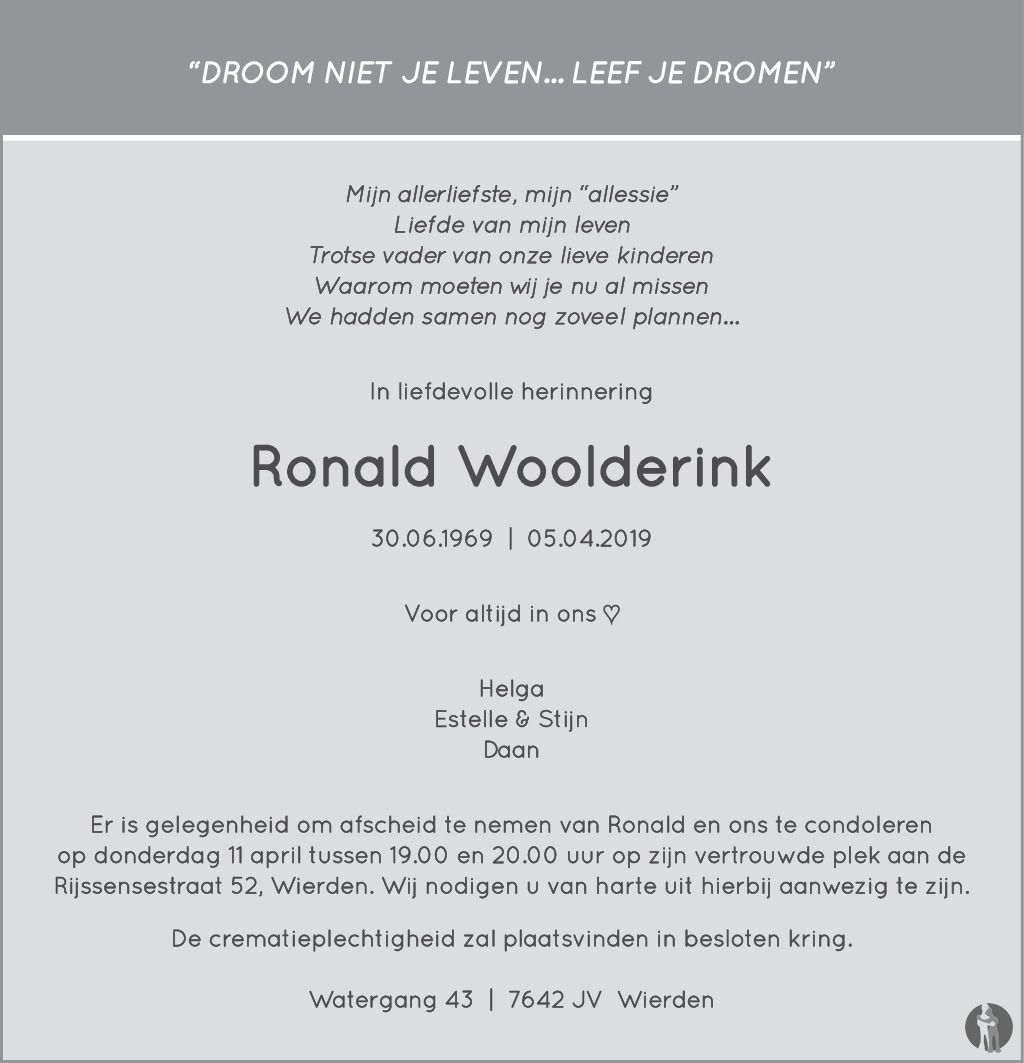 Ronald Woolderink ✝ 05-04-2019 overlijdensbericht en condoleances -  Mensenlinq.nl