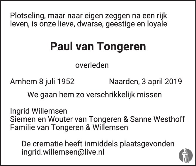 Overlijdensbericht van Paul van Tongeren  in de Volkskrant