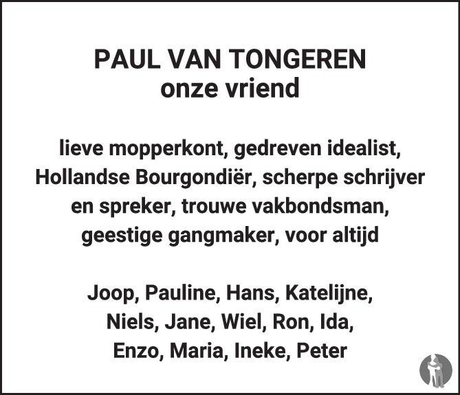 Overlijdensbericht van Paul van Tongeren  in de Volkskrant