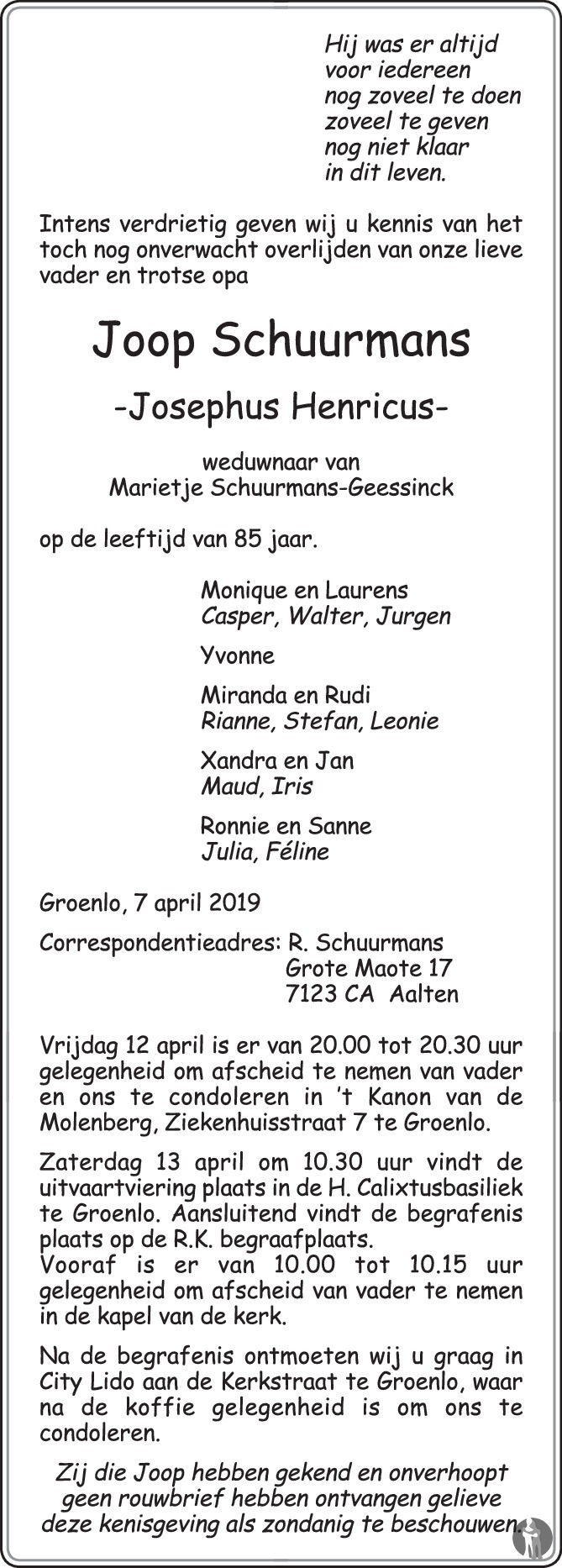 Josephus Henricus Joop Schuurmans 07 04 19 Overlijdensbericht En Condoleances Mensenlinq Nl