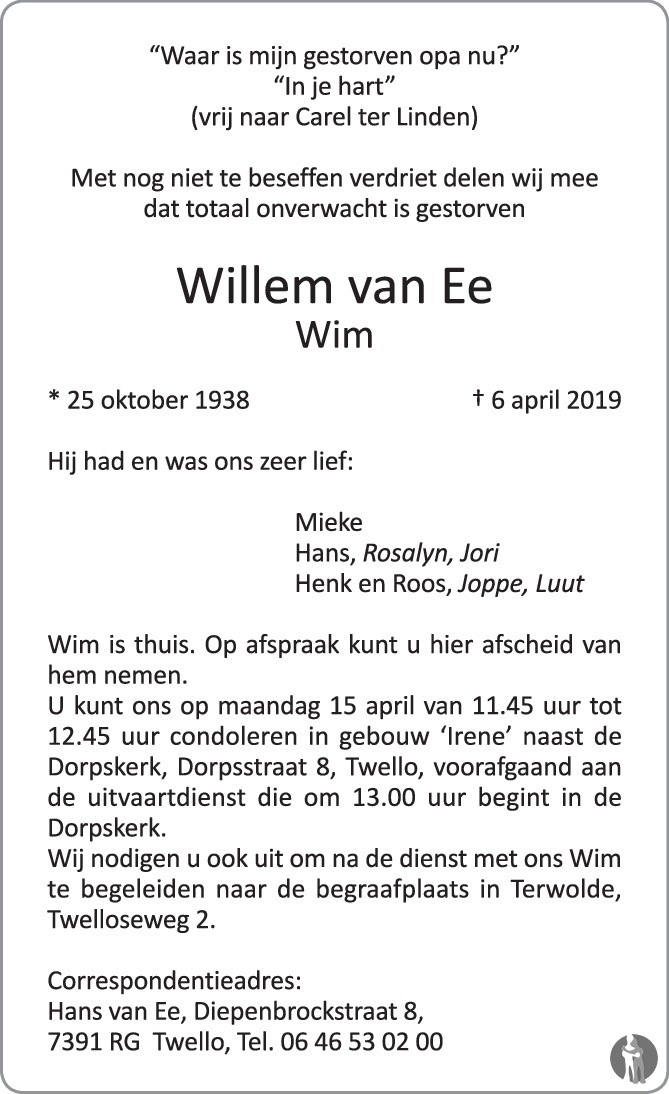 Willem (Wim) van Ee 06-04-2019 overlijdensbericht en condoleances ...