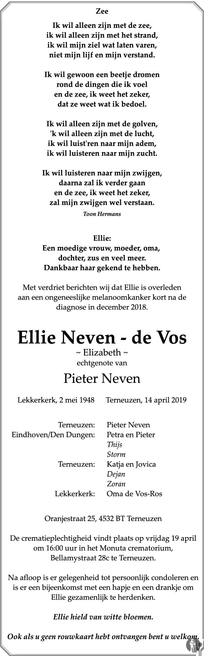 Elizabeth (Ellie) Neven - de Vos 14-04-2019 overlijdensbericht en ...