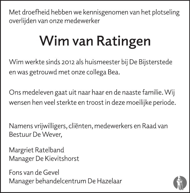 Wim van Ratingen 16-04-2019 overlijdensbericht en condoleances ...