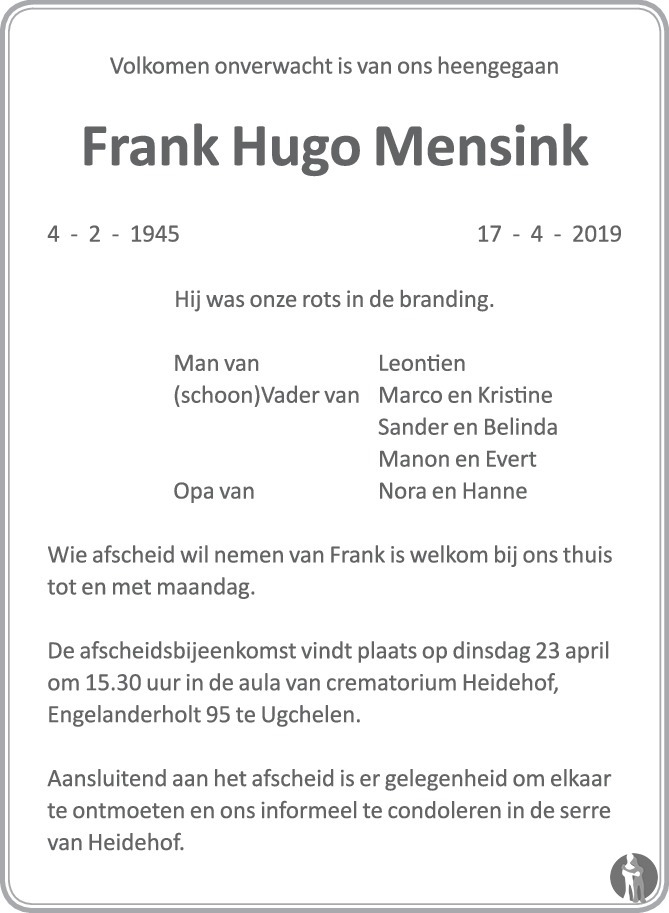 Frank Hugo Mensink 17042019 overlijdensbericht en condoleances