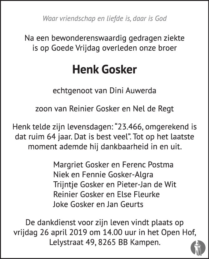 Henk Gosker 19-04-2019 overlijdensbericht en condoleances - Mensenlinq.nl