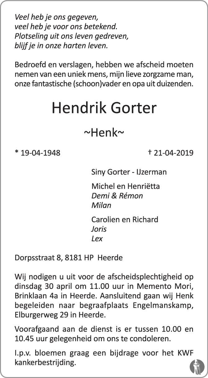Hendrik (Henk) Gorter 21-04-2019 overlijdensbericht en condoleances ...