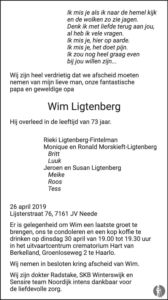 Wim Ligtenberg 26042019 overlijdensbericht en condoleances