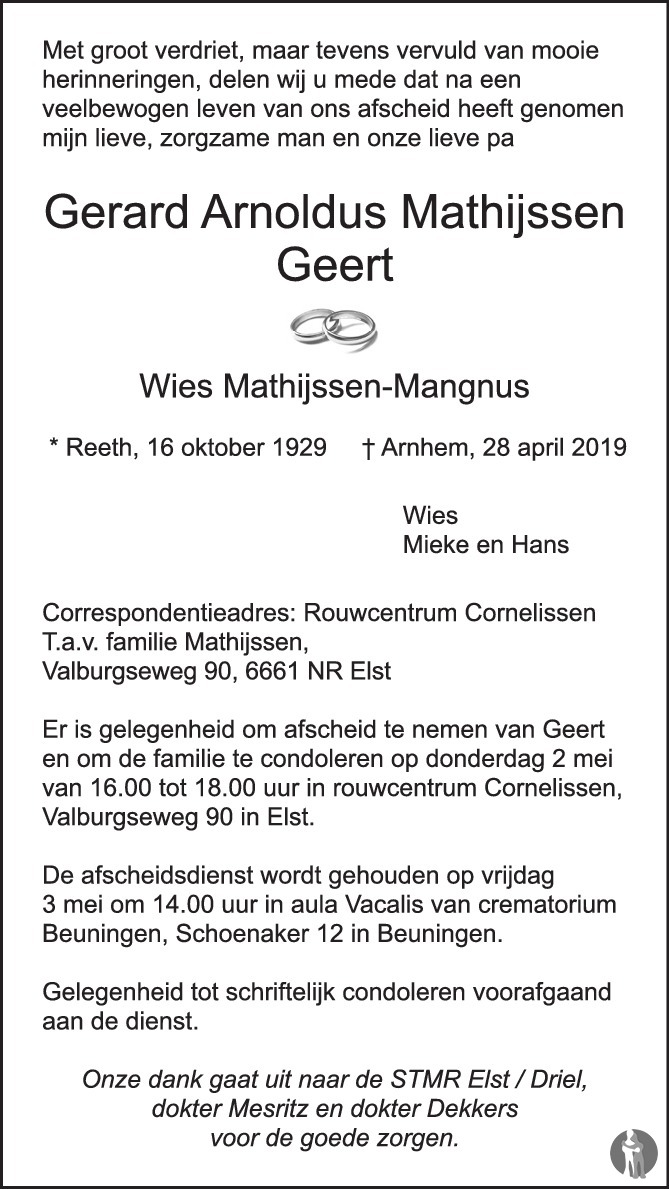 Gerard Arnoldus (Geert) Mathijssen ✝ 28-04-2019 overlijdensbericht en  condoleances - Mensenlinq.nl
