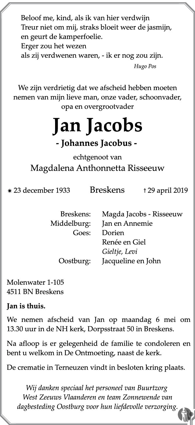 Johannes Jacobus (Jan) Jacobs 29042019 overlijdensbericht en