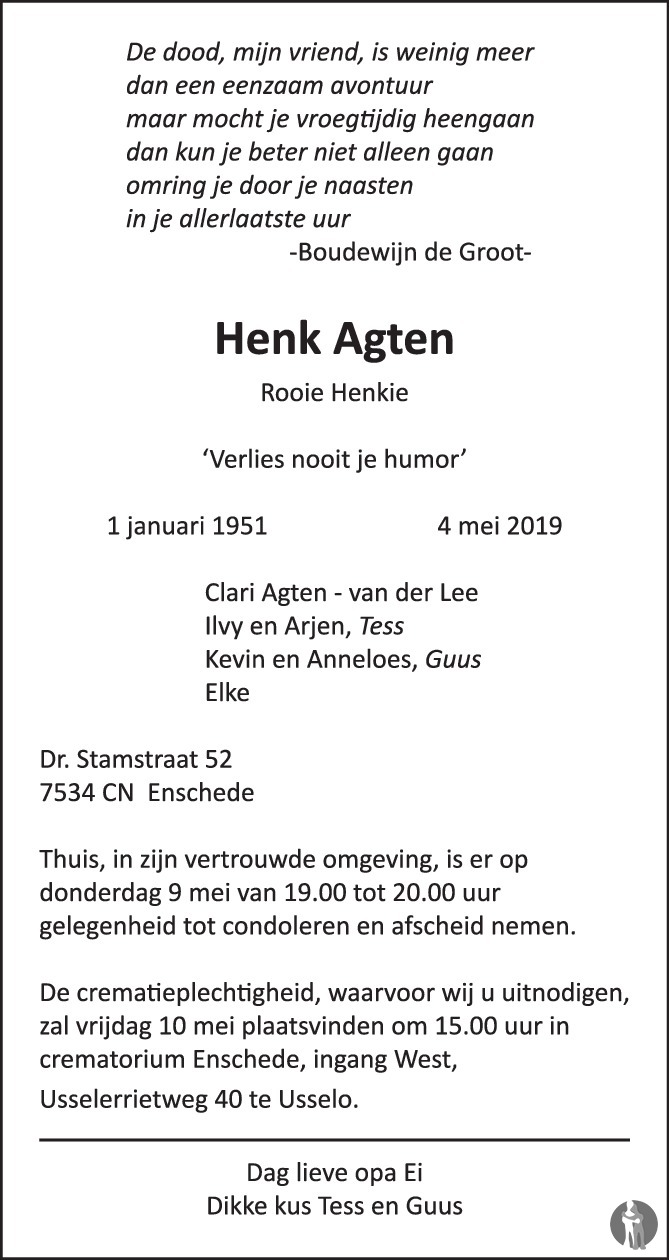 Henk (Rooie Henkie) Agten 04-05-2019 overlijdensbericht en condoleances ...