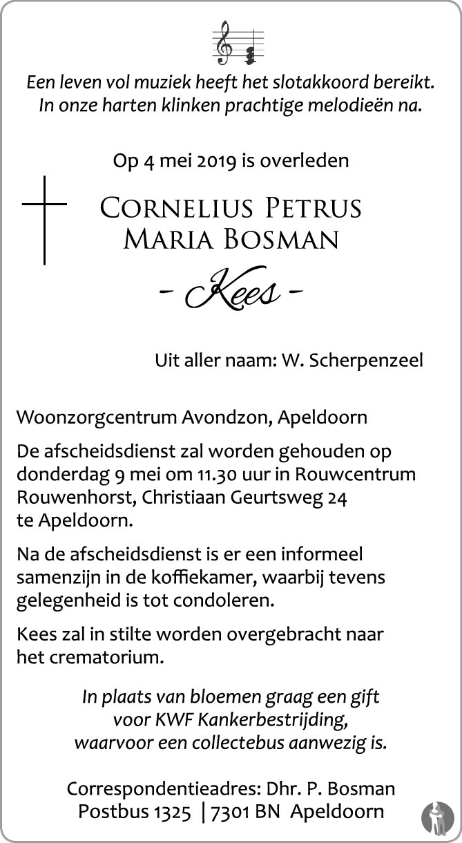 Overlijdensbericht van Cornelius Petrus Maria (Kees)  Bosman  in de Stentor