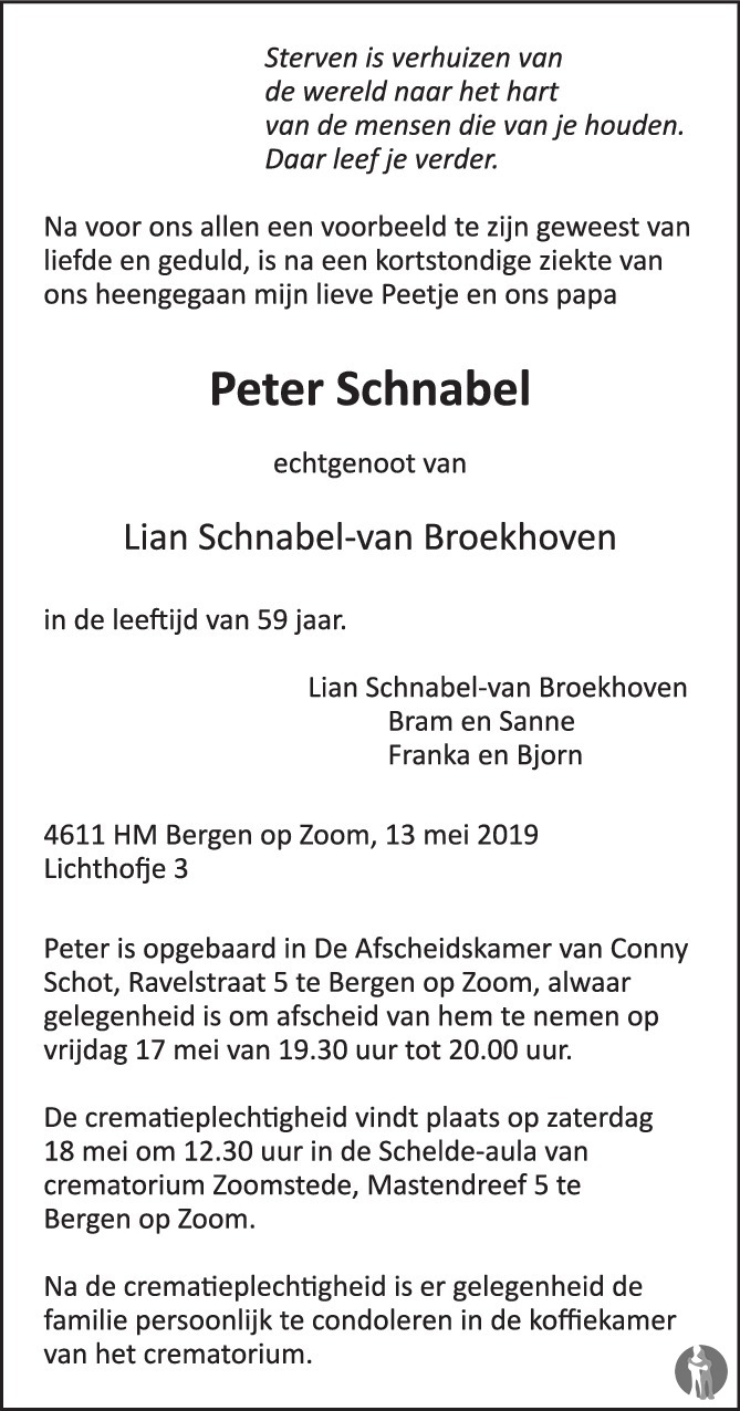 Peter Schnabel 13052019 overlijdensbericht en condoleances Mensenlinq.nl Peter Schnabel 13052019 overlijdensbericht en condoleances Mensenlinq.nl
