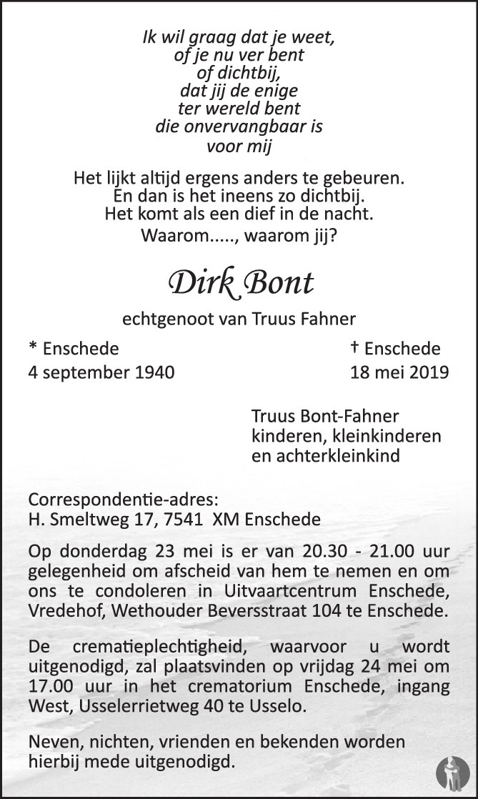 Dirk Bont 18-05-2019 overlijdensbericht en condoleances - Mensenlinq.nl