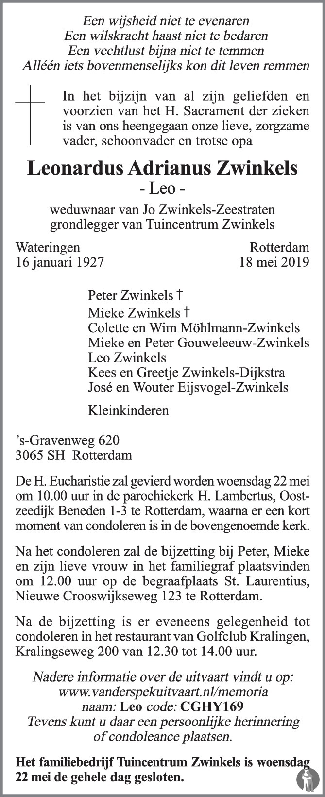 Leonardus Adrianus Leo Zwinkels 18 05 2019 Overlijdensbericht En Condoleances Mensenlinq Nl