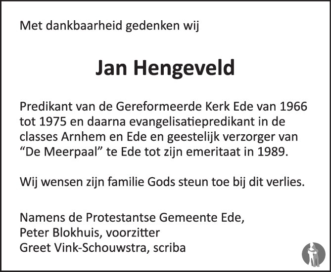 Ds. J. Hengeveld 22052019 overlijdensbericht en condoleances