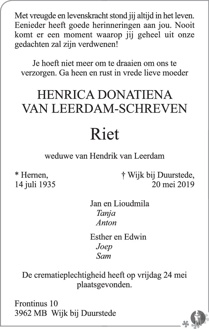 Overlijdensbericht van Henrica Donatiena (Riet) van Leerdam - Schreven in Rhenense Betuwse Courant