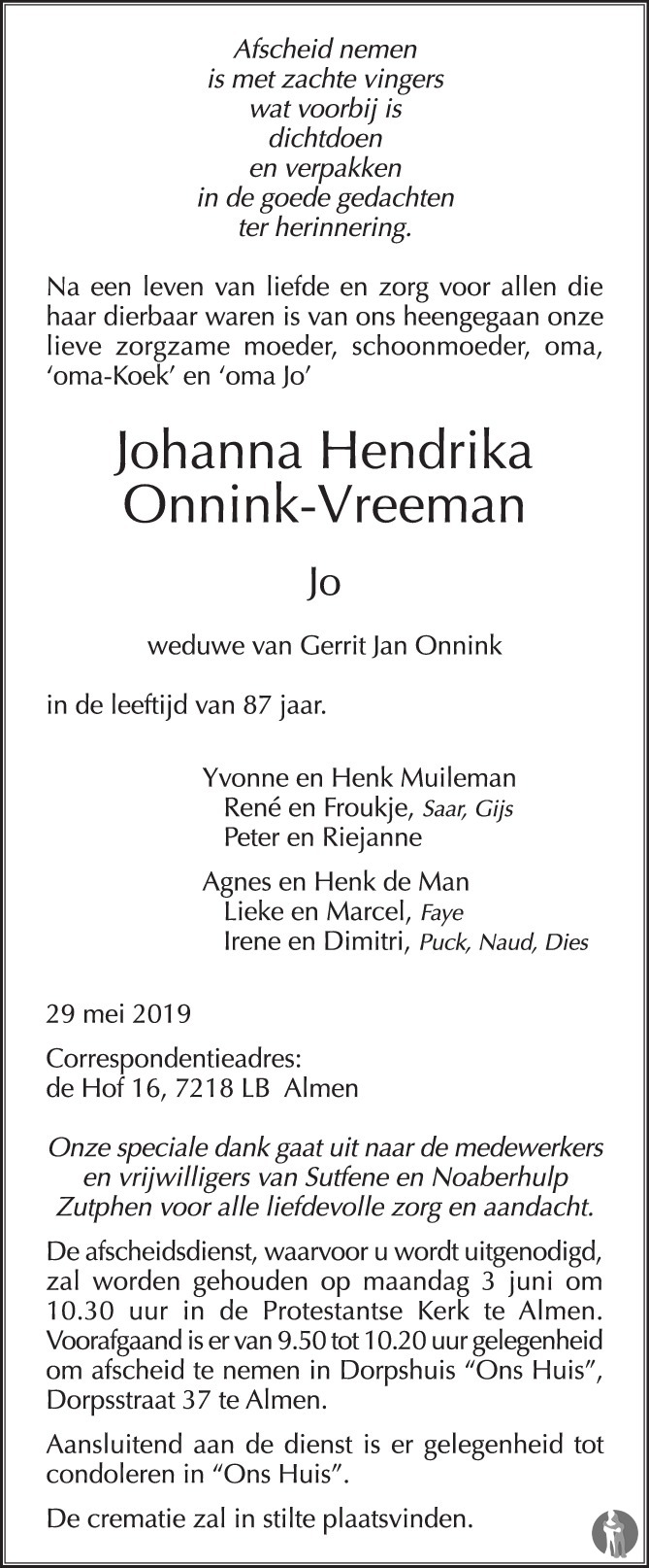 Johanna Hendrika (Jo) Onnink - Vreeman 29-05-2019 overlijdensbericht en ...