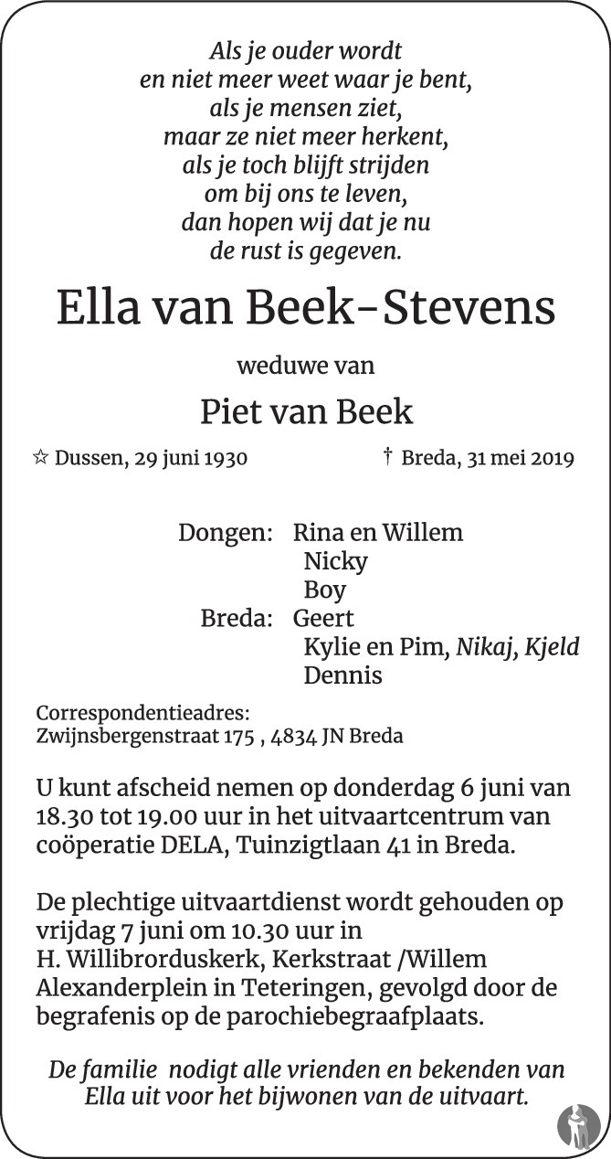 Overlijdensbericht van Ella van Beek - Stevens in BN DeStem