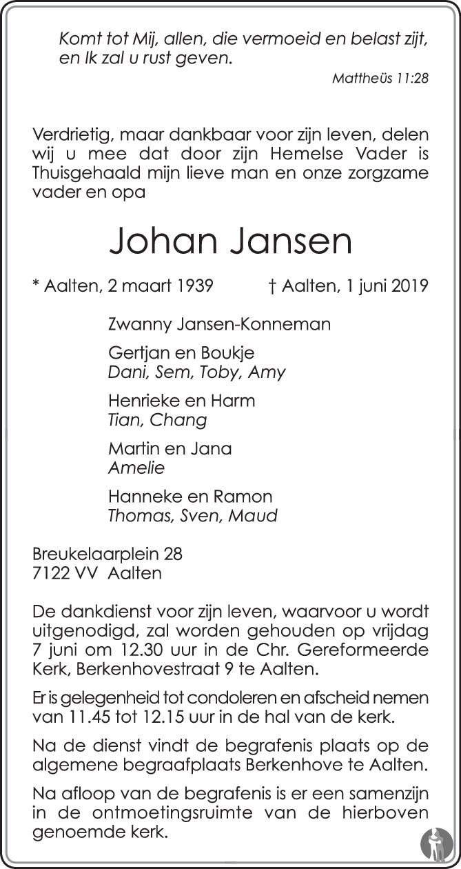 Johan Jansen 01-06-2019 overlijdensbericht en condoleances - Mensenlinq.nl