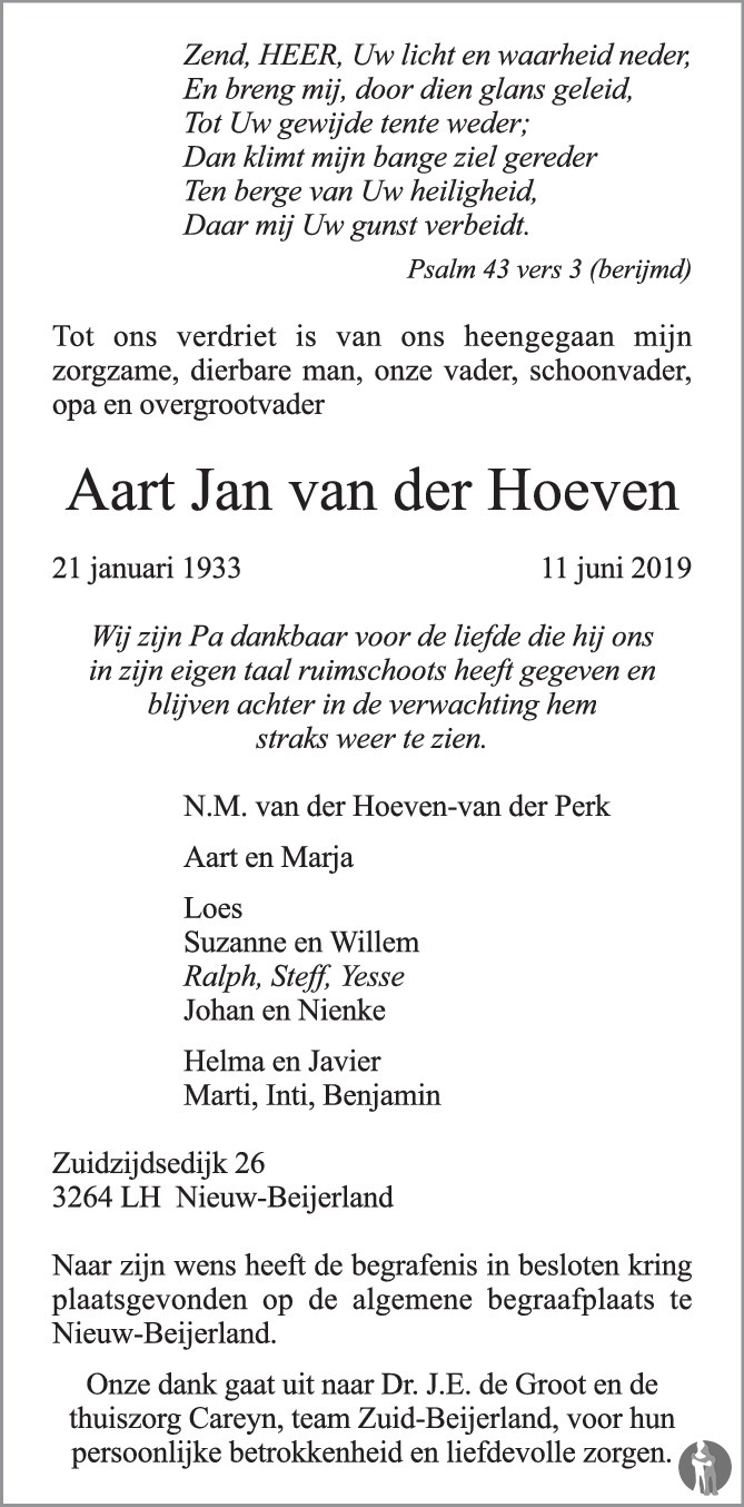 Aart Jan van der Hoeven 11-06-2019 overlijdensbericht en condoleances ...