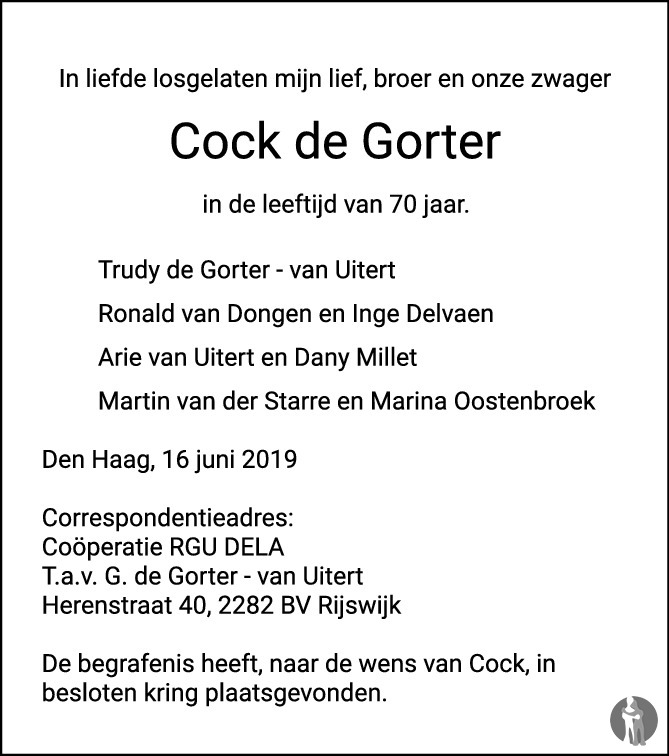 Overlijdensbericht van Cock de Gorter in AD Algemeen Dagblad
