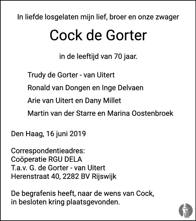 Overlijdensbericht van Cock de Gorter in de Volkskrant