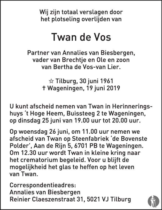 Overlijdensbericht van Twan de Vos in de Gelderlander