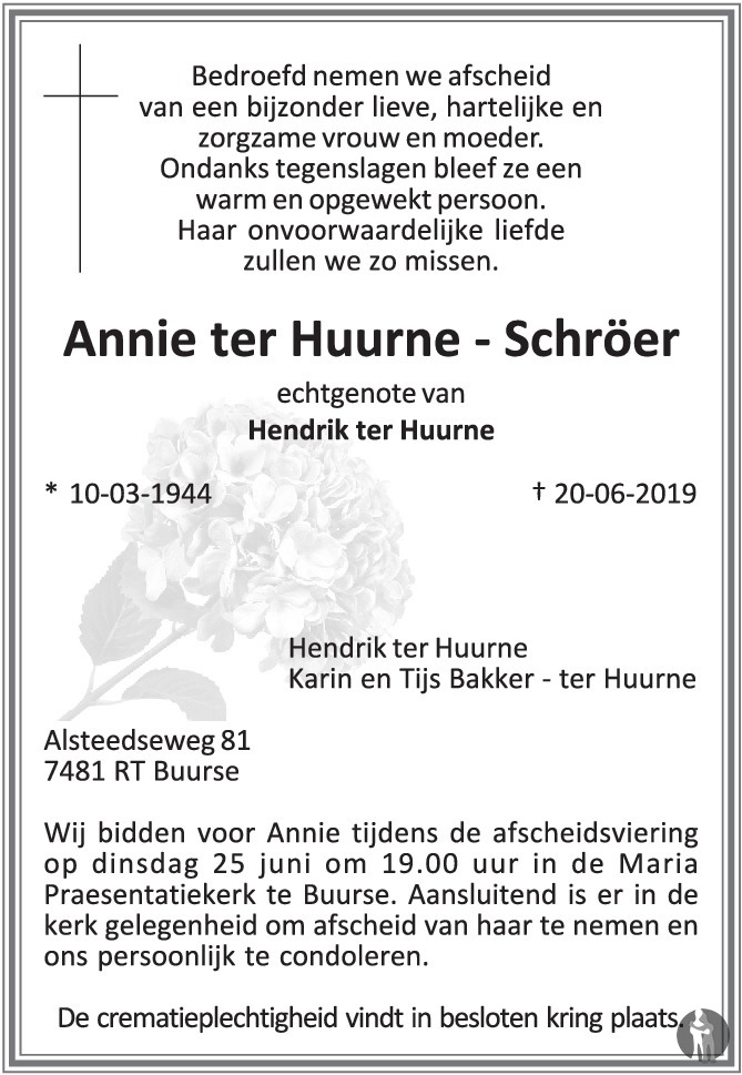 Annie Ter Huurne Schröer 20 06 2019 Overlijdensbericht En