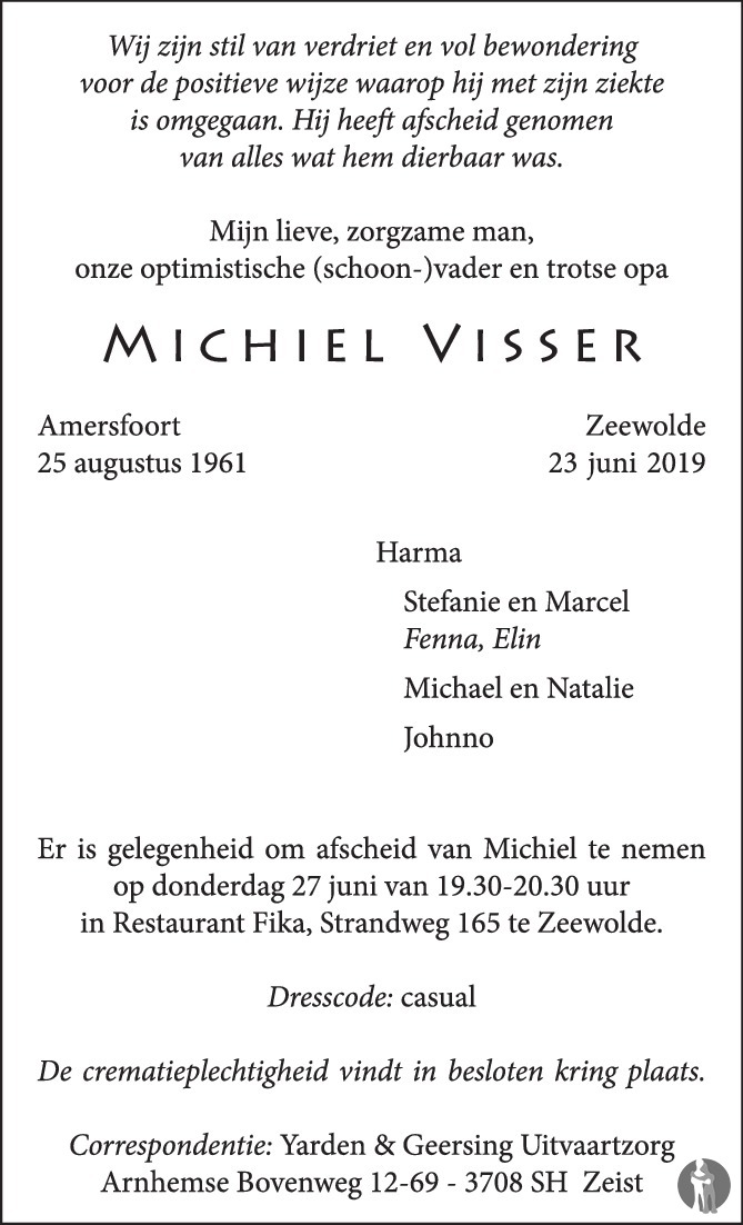 Overlijdensbericht van Michiel Visser in AD Algemeen Dagblad
