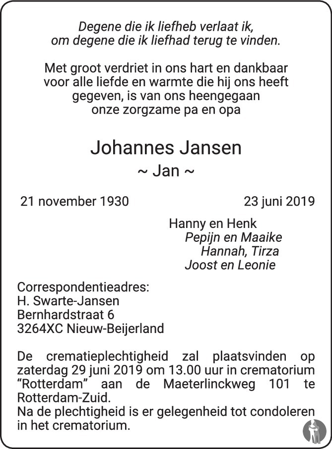 Johannes (Jan) Jansen 23-06-2019 overlijdensbericht en condoleances ...