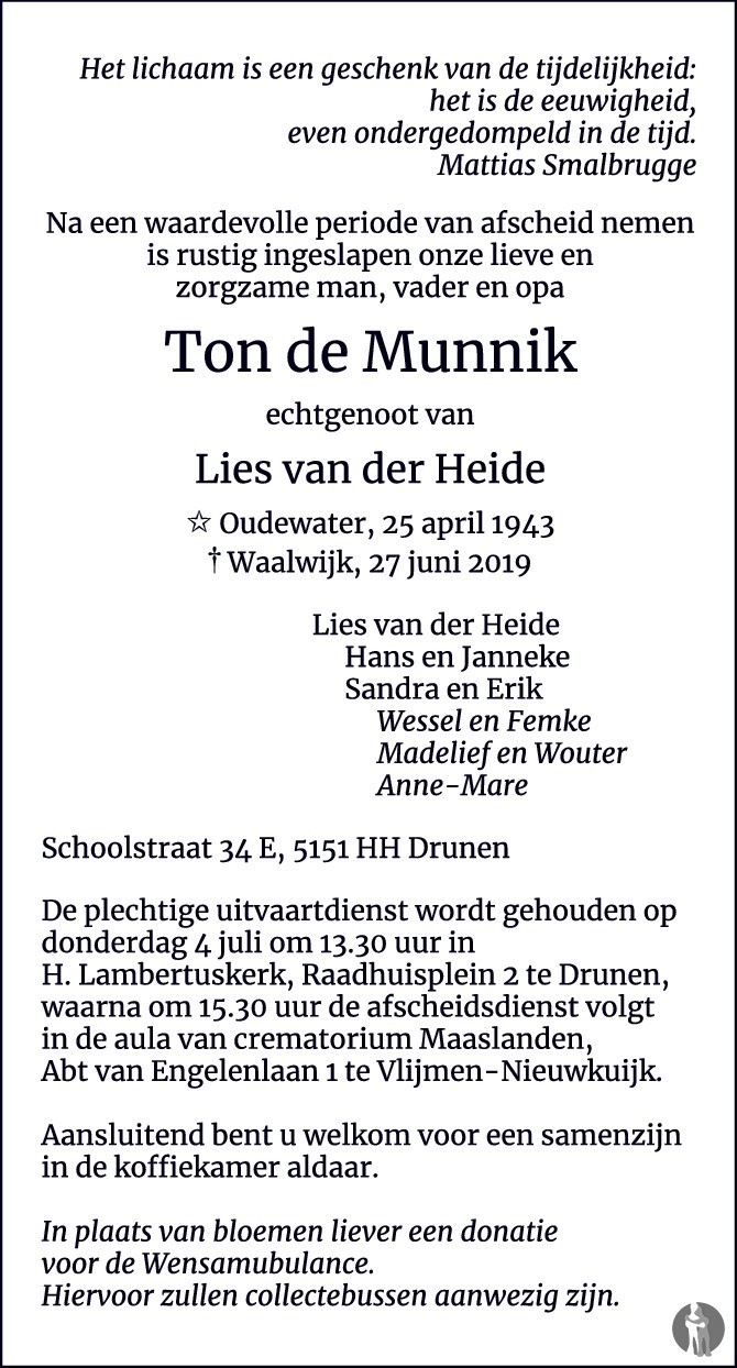 Overlijdensbericht van Ton de Munnik  in Brabants Dagblad