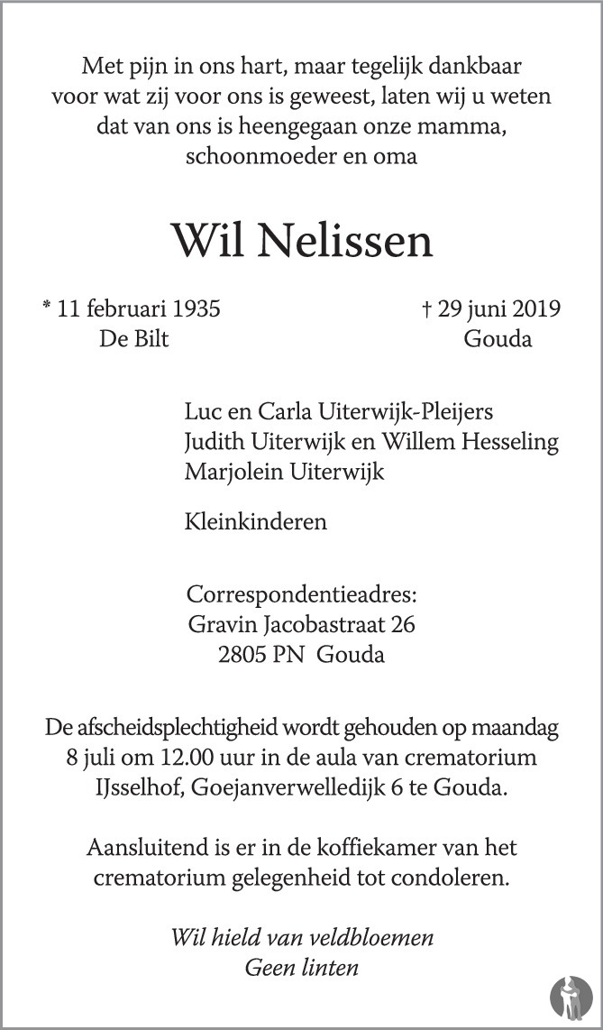 Wil Nelissen 29-06-2019 overlijdensbericht en condoleances - Mensenlinq.nl