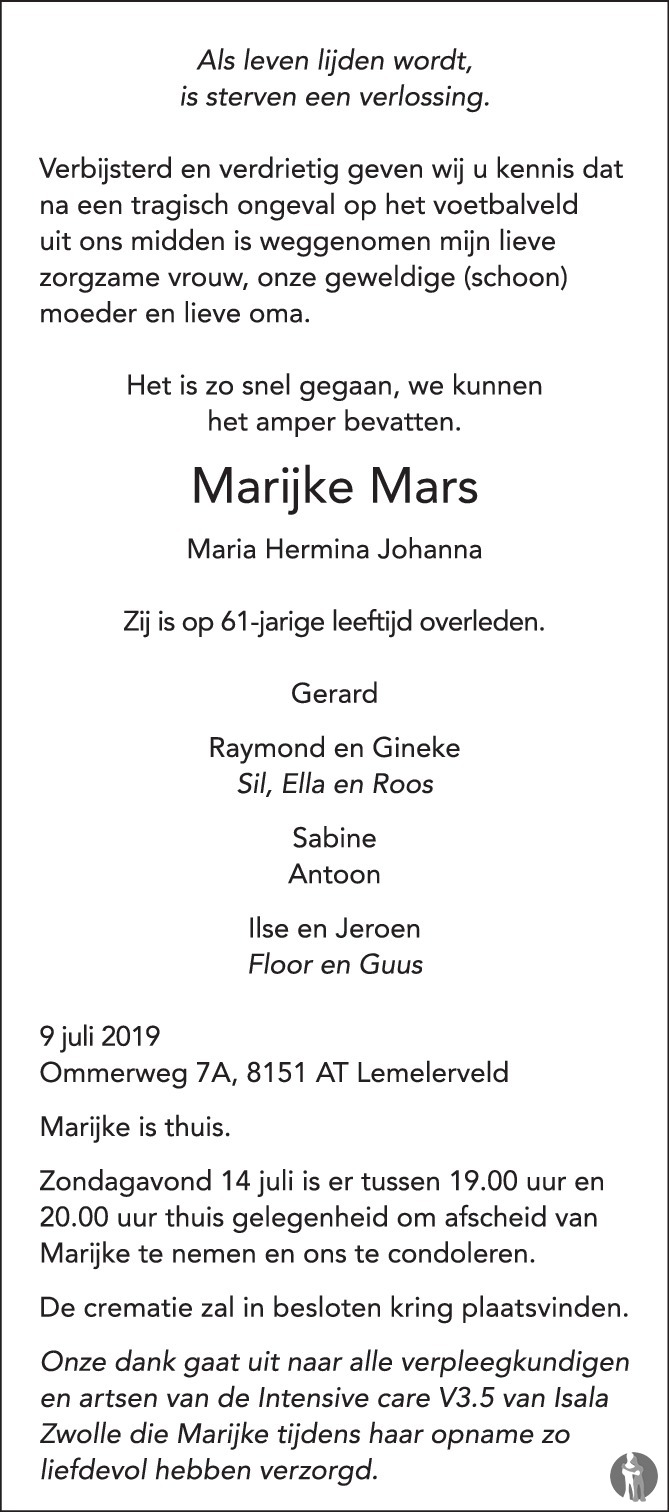 Maria Hermina Johanna (Marijke) Mars 09-07-2019 overlijdensbericht en