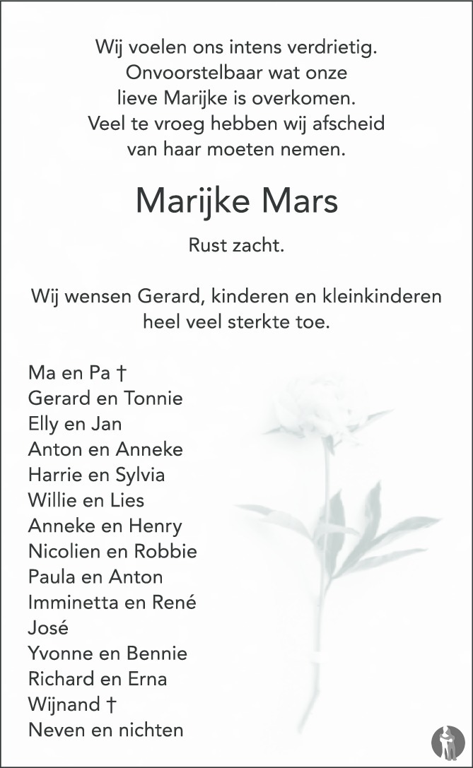 Maria Hermina Johanna (Marijke) Mars 09-07-2019 overlijdensbericht en