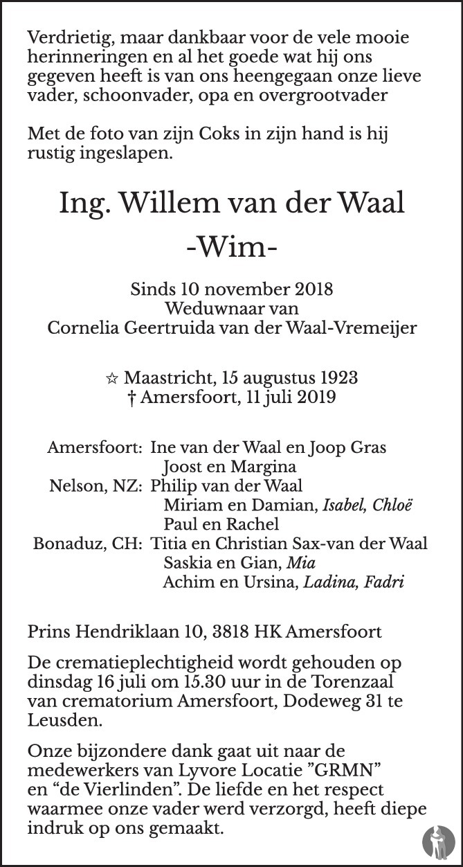 Ing. Willem (Wim) van der Waal 11072019 overlijdensbericht en