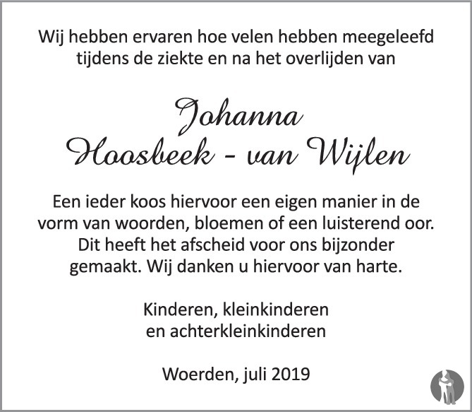 Overlijdensbericht van Johanna Hoosbeek - van Wijlen in Woerdense Courant