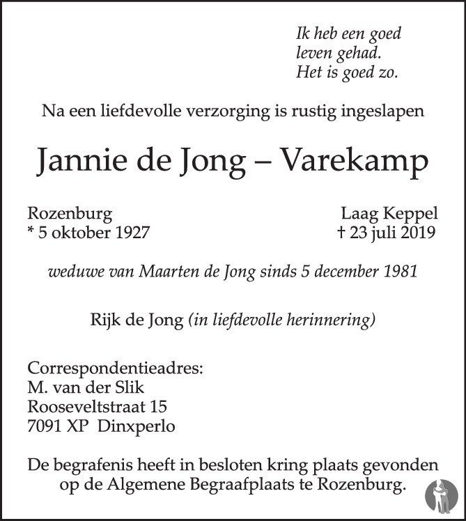 Overlijdensbericht van Jannie de Jong - Varekamp in AD Algemeen Dagblad