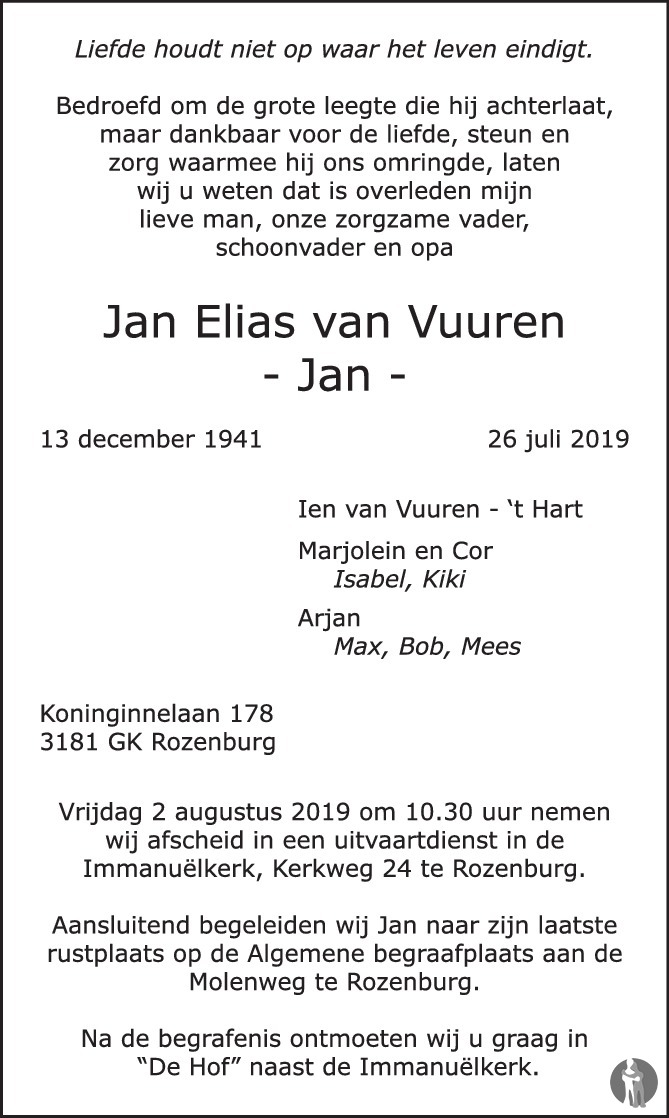 Overlijdensbericht van Jan Elias (Jan) van Vuuren in Brielsche Courant/Hellevoetse Post