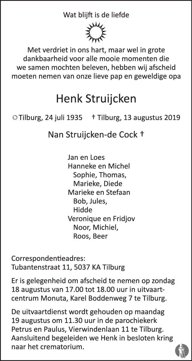 Henk Struijcken 13-08-2019 overlijdensbericht en condoleances ...