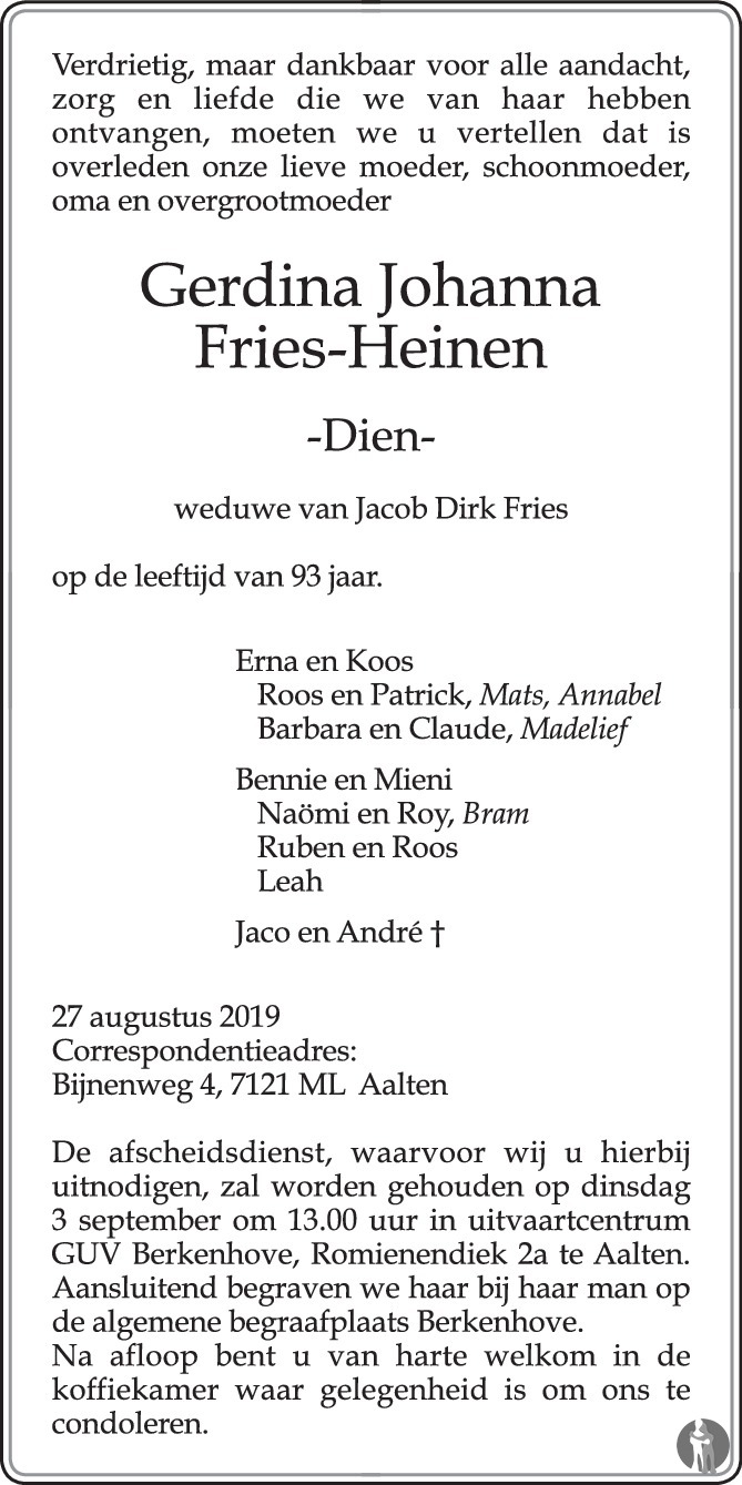 Gerdina Johanna (Dien) Fries  Heinen 27082019 overlijdensbericht en