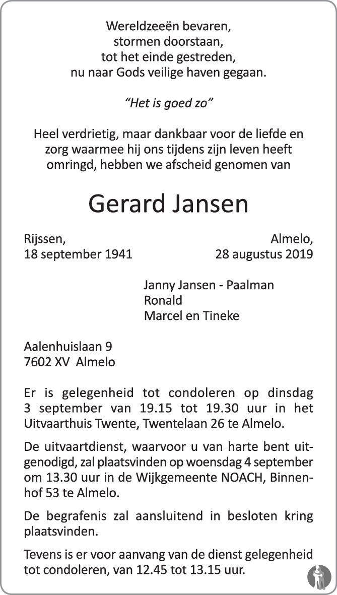 Gerard Jansen 28-08-2019 overlijdensbericht en condoleances - Mensenlinq.nl