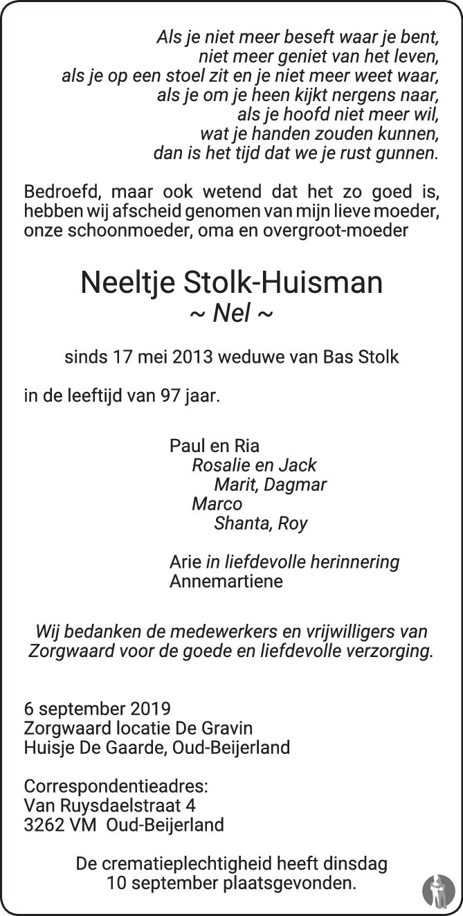 Neeltje (Nel) Stolk Huisman 06092019 overlijdensbericht en