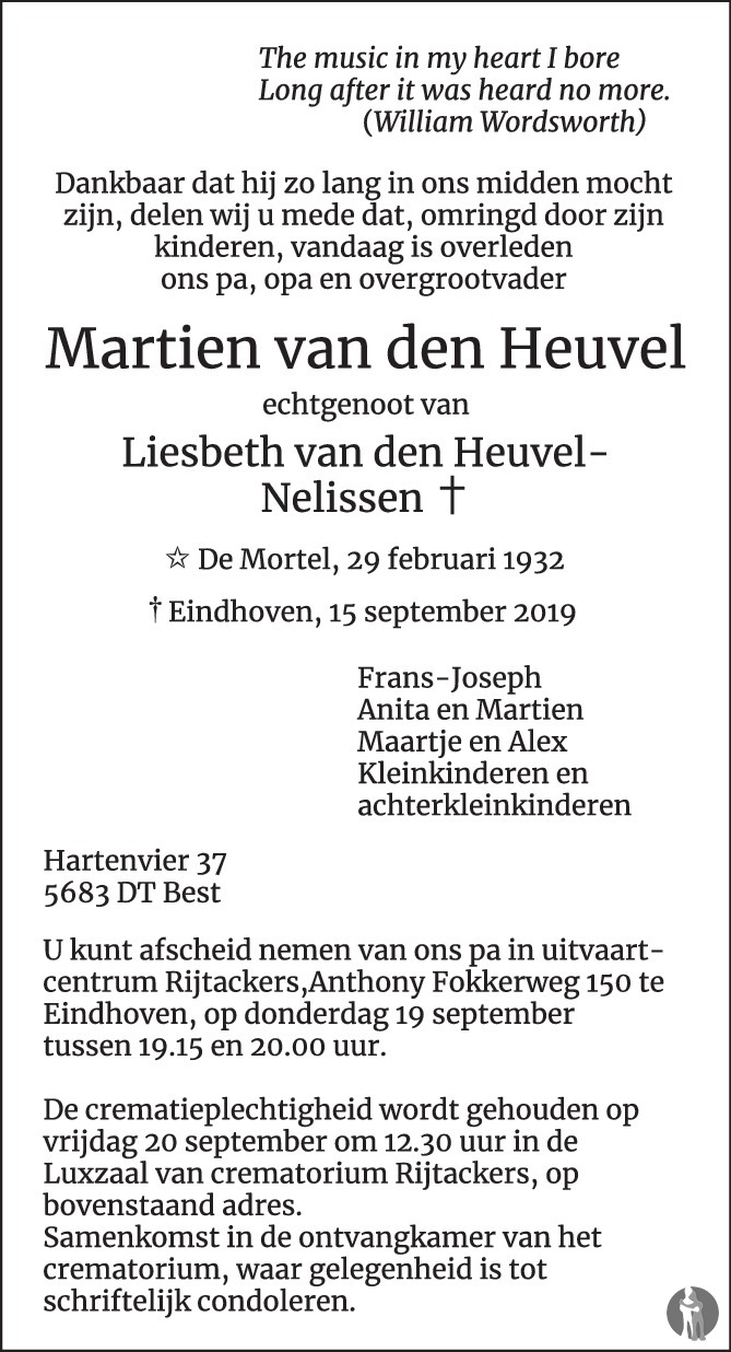 Martien Van Den Heuvel 15 09 2019 Overlijdensbericht En Condoleances Mensenlinq Nl