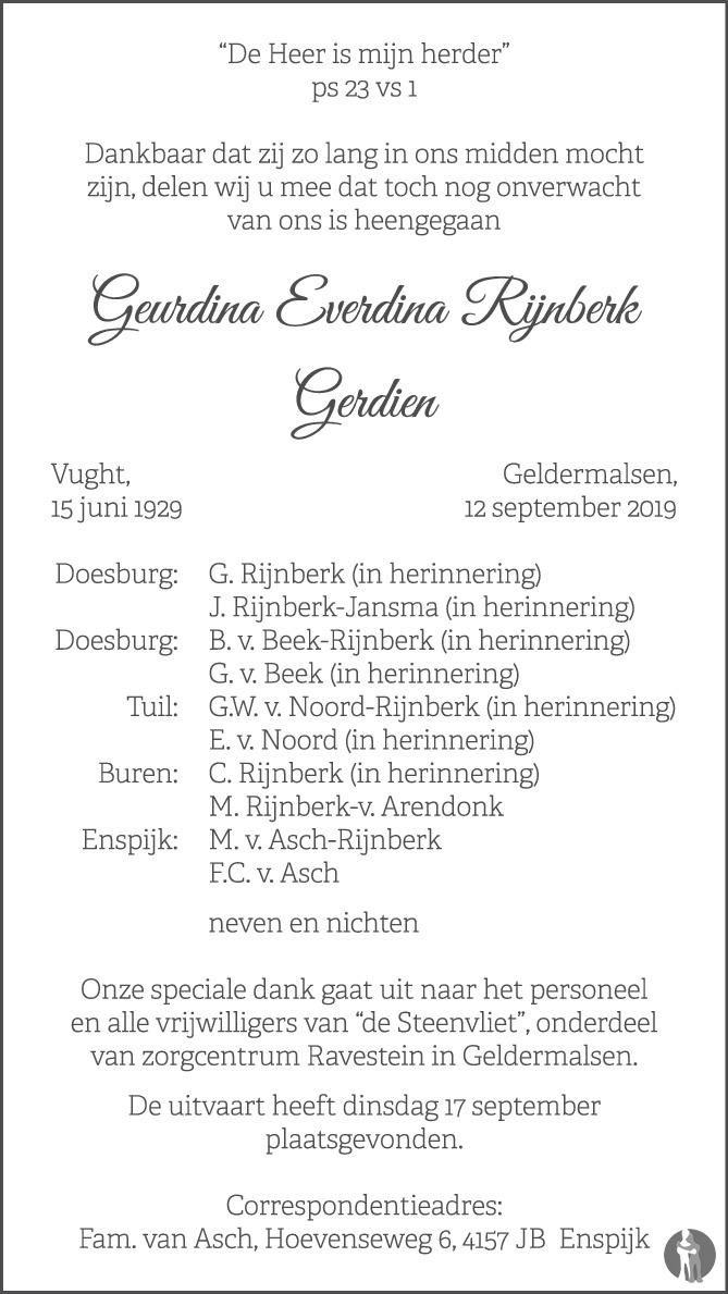 Geurdina Everdina Gerdien Rijnberk 12 09 19 Overlijdensbericht En Condoleances Mensenlinq Nl