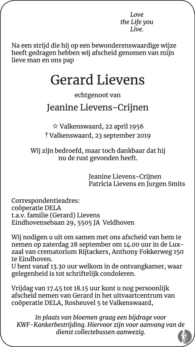 Gerard Lievens 23-09-2019 overlijdensbericht en condoleances ...