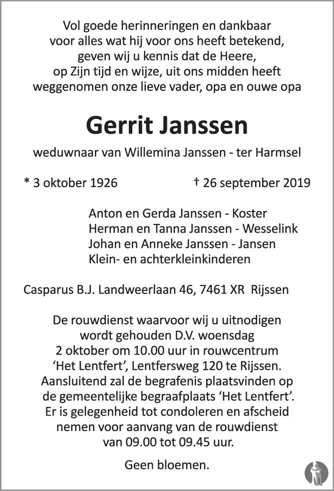 Gerrit Janssen 26-09-2019 overlijdensbericht en condoleances ...